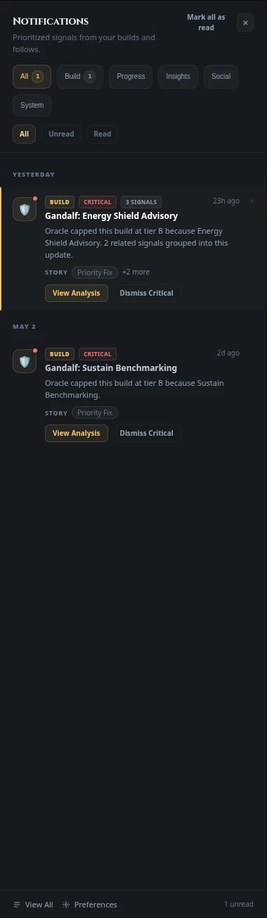 Notification Center interface showing categorized Path of Exile 2 signals across builds, progression, insights, social activity, and system updates