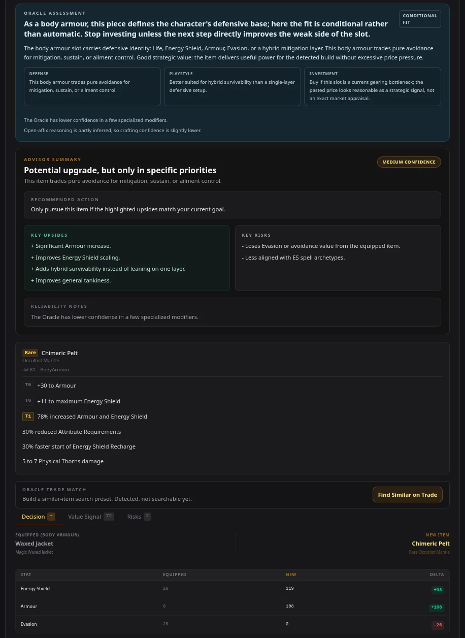 PoE 2 Oracle Item Advisor showing a new item that appears stronger but results in a downgrade due to lower spell damage compared to the equipped item