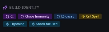 Build Identity tags section showing archetype labels such as CI, ES-based, Crit Spell, and Shock-focused for a Path of Exile 2 character build