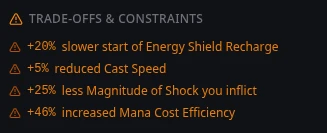 Trade-offs and constraints section highlighting negative effects and structural limitations inside a Path of Exile 2 build