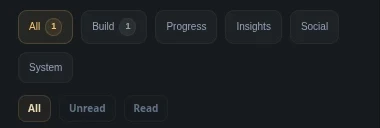 Notification Center category filters for Build, Progress, Insights, Social, and System notifications inside Path of Codex