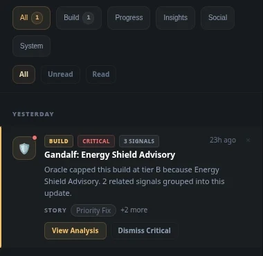 Path of Codex Notification Center showing grouped alerts, inbox filtering, severity levels, and contextual build notifications