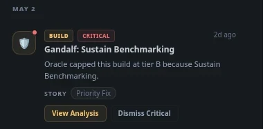 Critical Oracle notification card warning about sustain benchmarking issues inside the Path of Codex Notification Center