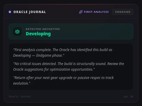 Oracle Journal and Oracle Verdict interface showing progression insights and build analysis in Path of Exile 2